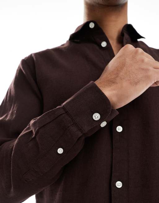 Only & Sons linen mix long sleeve shirt in brown