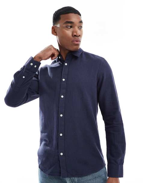 ONLY & SONS linen mix long sleeve shirt in navy - view 1
