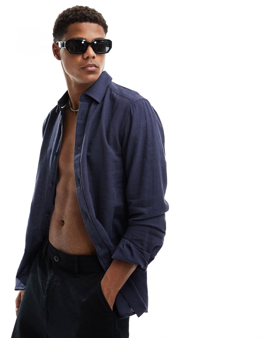 Only & Sons Linen Mix Long Sleeve Shirt In Navy