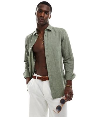 Only & Sons Linen Mix Long Sleeve Shirt In Sage-green