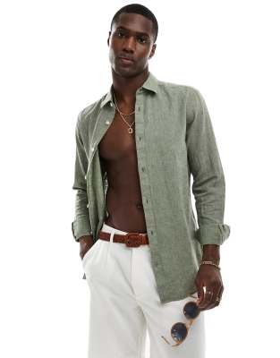 linen mix long sleeve shirt in sage-Green