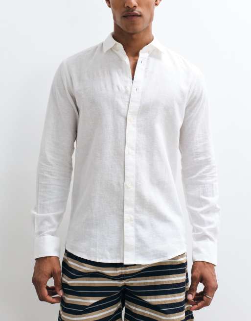 ONLY & SONS linen mix long sleeve slim fit shirt in white, 3 of 7