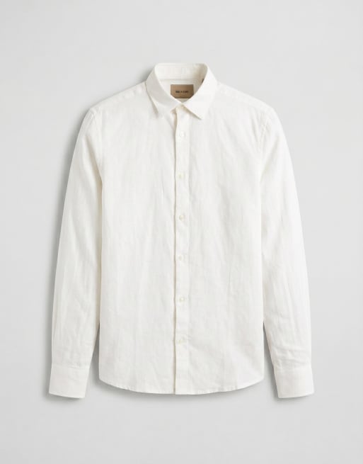 ONLY & SONS linen mix long sleeve slim fit shirt in white, 6 of 7
