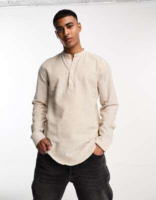 linen mix overhead shirt in beige-Neutral