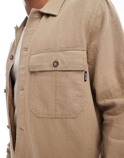 オンリーアンドサンズ メンズ シャツ トップス Only Sons linen mix overshirt with double chest pockets in beige part of a set オンリーアンドサンズ メンズ シャツ トップス Only Sons linen mix revere collar shirt in white