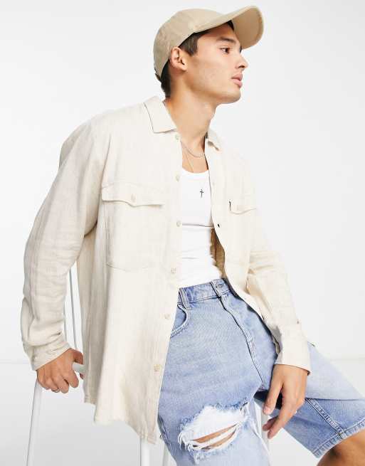 Only & Sons linen mix overshirt with double chest pockets in beige - part of a set 