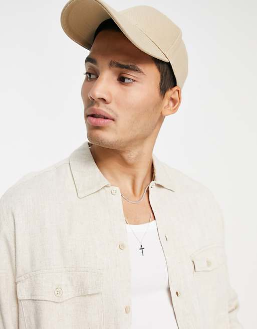 オンリーアンドサンズ メンズ シャツ トップス Only Sons linen mix overshirt with double chest pockets in beige part of a set オンリーアンドサンズ メンズ シャツ トップス Only Sons linen mix revere collar shirt in white