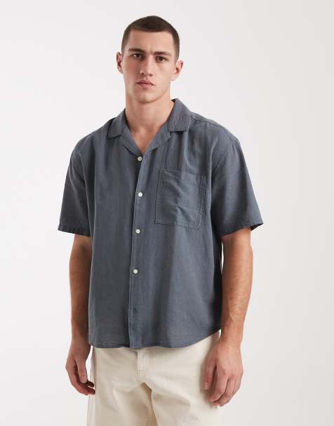 ONLY & SONS linen mix relaxed resort shirt in blue gray - view 1