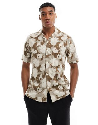 ONLY & SONS linen mix revere collar floral shirt in beige
