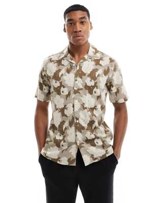 ONLY & SONS linen mix revere collar floral shirt in beige