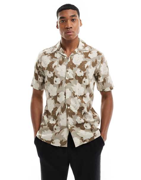 ONLY & SONS linen mix revere collar floral shirt in beige - view 1