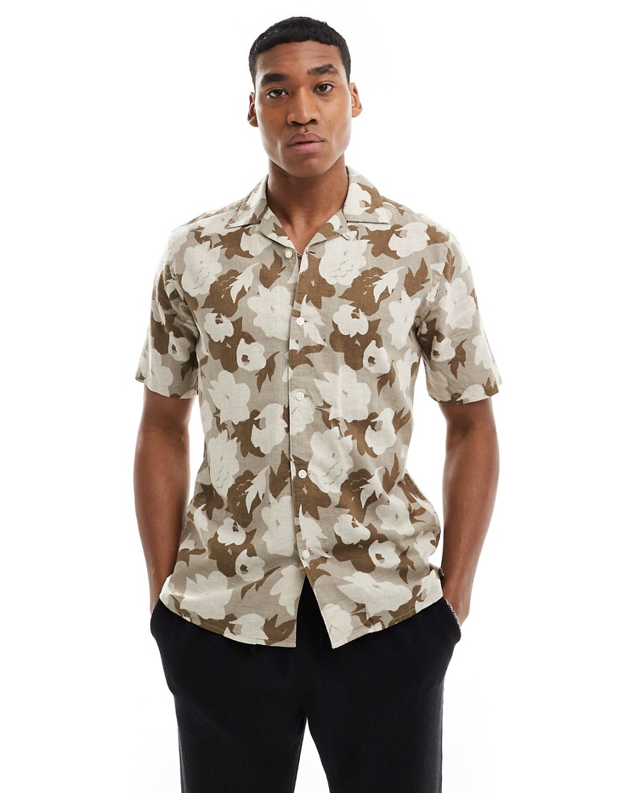 Only & Sons Linen Mix Revere Collar Floral Shirt In Beige-neutral