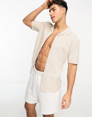 Shop Only & Sons Linen Mix Revere Collar Shirt In Beige-neutral