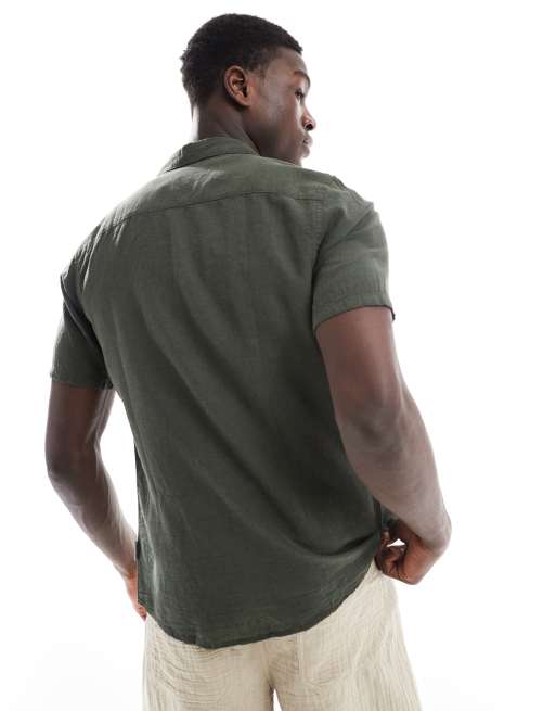 ONLY & SONS linen mix revere collar shirt in dark khaki , 3 of 4