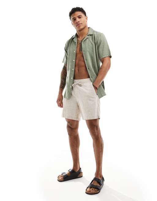 ONLY & SONS linen mix revere collar shirt in sage green, 2 of 4