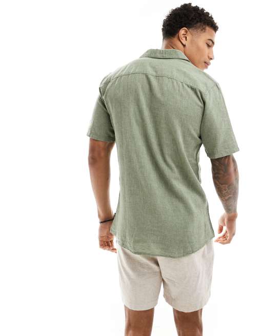 ONLY & SONS linen mix revere collar shirt in sage green, 4 of 4