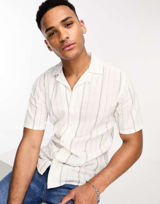 Only & Sons linen mix revere collar shirt in white with olive stripe, 4 of 4