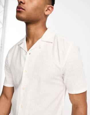 Only & Sons linen mix revere collar shirt in white