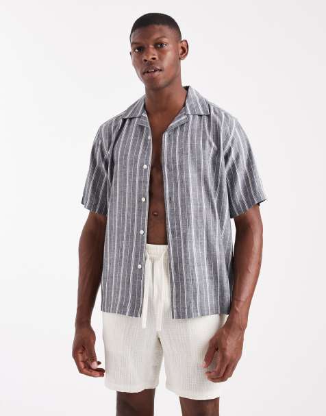 ONLY & SONS linen mix short sleeve shirt in navy stripe - view 1