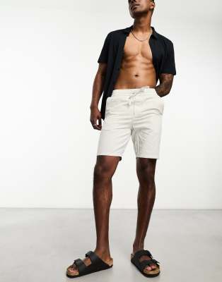 Only & Sons Linen Mix Shorts In White And Gray Pinstripe-neutral