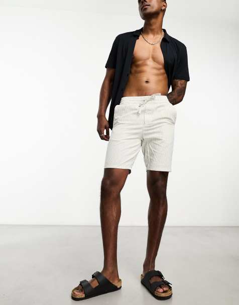 ONLY & SONS linen mix shorts in white and grey pinstripe  - view 1