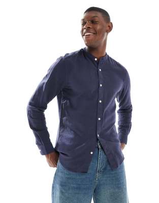 linen mix stand collar shirt in navy