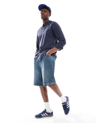 Only & Sons Linen Mix Stand Collar Shirt In Blue