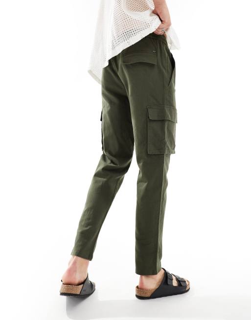 ONLY & SONS linen mix tapered fit cargo in khaki , 2 of 5