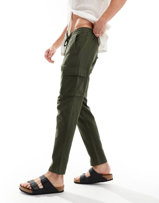 ONLY & SONS linen mix tapered fit cargo in khaki , 4 of 5