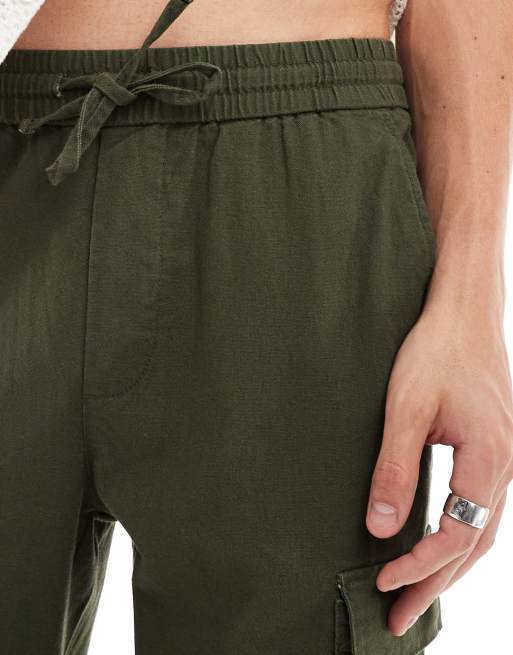 ONLY & SONS linen mix tapered fit cargo in khaki , 5 of 5