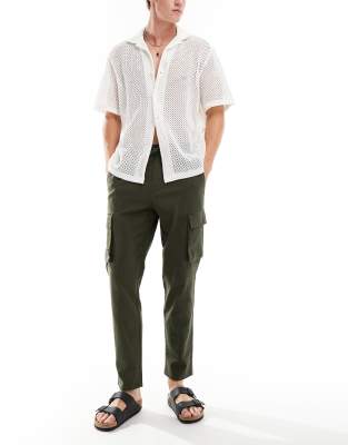 Only & Sons Linen Mix Tapered Fit Cargo Pants In Olive-green