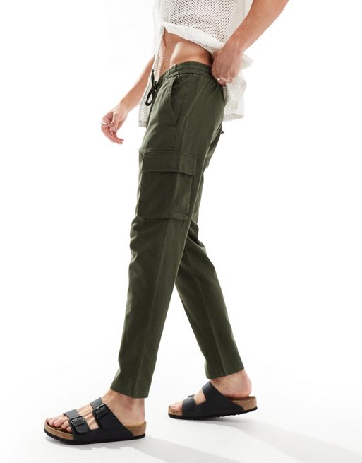 ONLY & SONS linen mix tapered fit cargos in khaki 