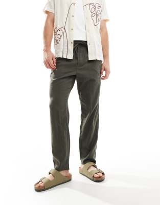 linen mix tapered fit pants in dark khaki-Green