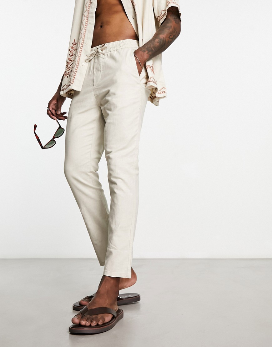 Only & Sons linen mix tapered fit trousers in beige-Neutral