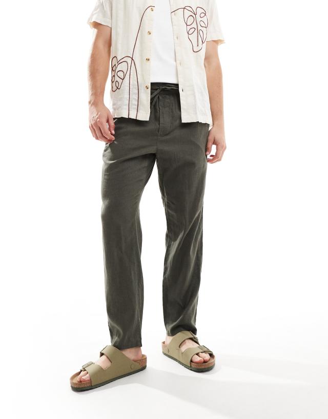 ONLY & SONS - linen mix tapered fit trousers in dark khaki