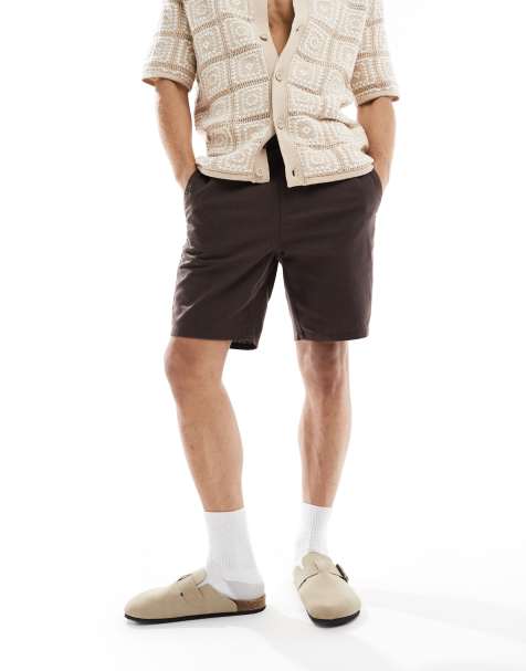 ONLY & SONS linen mix tie waist shorts in brown - view 1