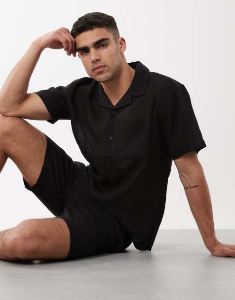 ONLY & SONS linen rich relaxed shirt co-ord in black - view 1