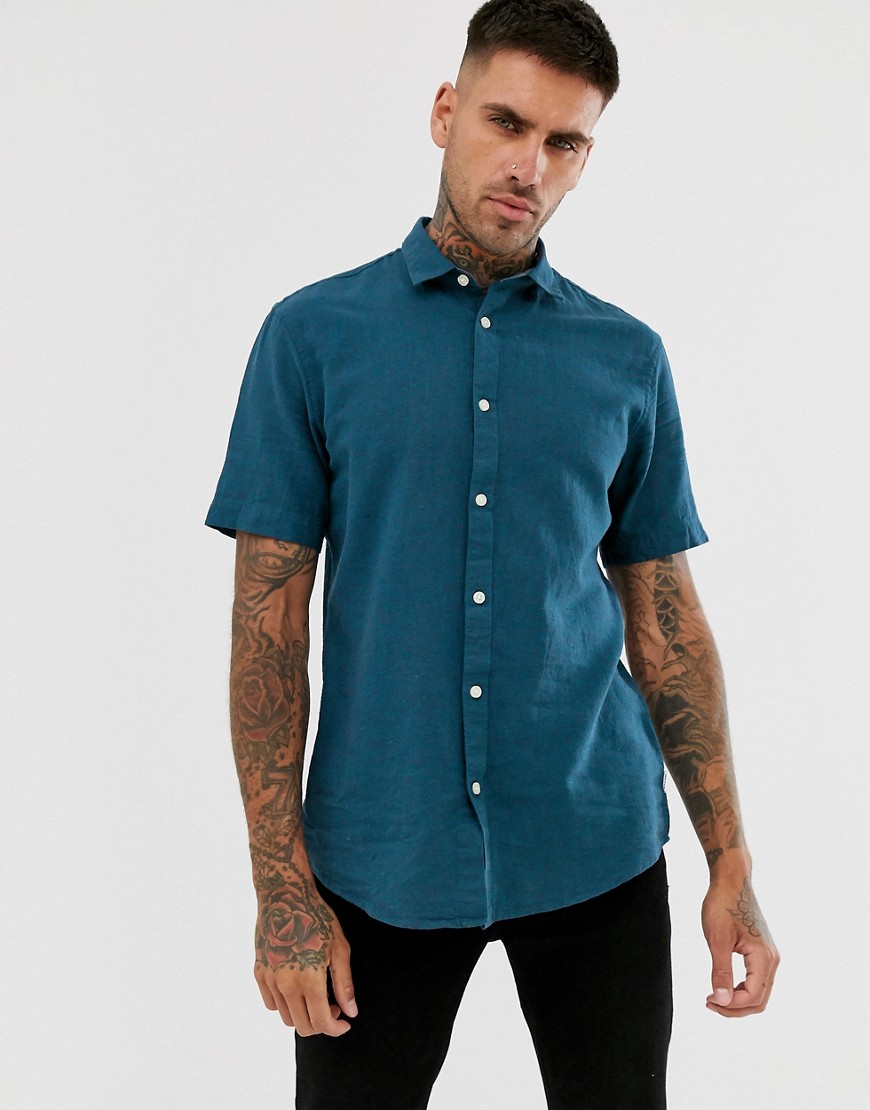 Only & Sons - Linnen overhemd met korte mouwen in blauw