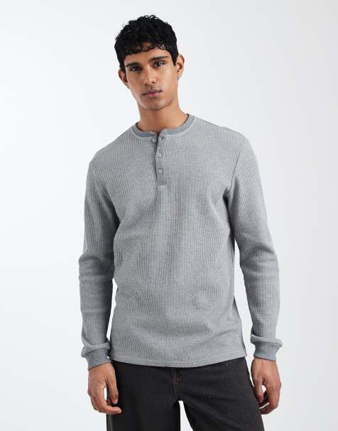 ONLY & SONS – Ljusgrå, långärmad t-shirt i henley-modell med våffelstruktur - view 1