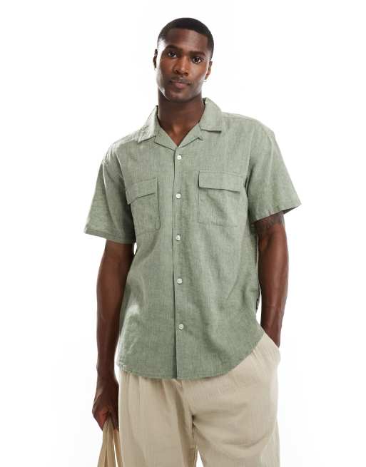 Only & Sons – Lniana koszula z kołnierzykiem kubańskim i kieszenią w kolorze khaki