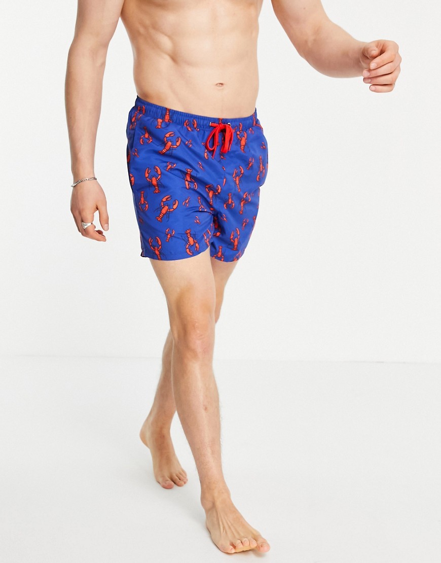Only & Sons lobster print swim shorts in blue-Blues