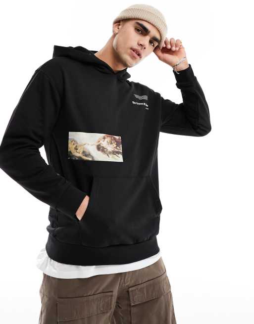 Only & Sons – Locker geschnittener Kapuzenpullover in Schwarz mit Michelangelo-Print