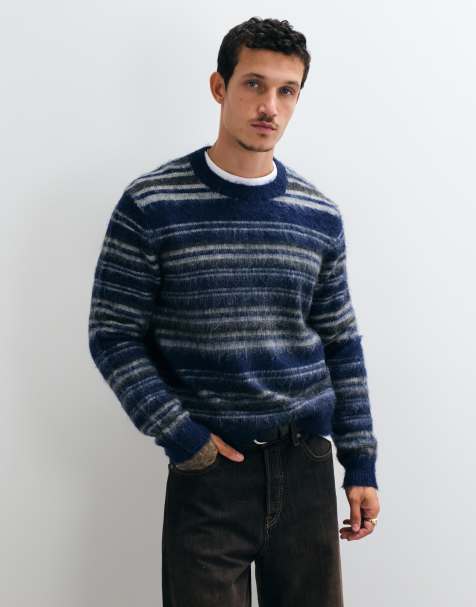 ONLY & SONS locker geschnittener Pullover mit Rundhalsausschnitt und flauschigem Strick in Blau gestreift - view 1