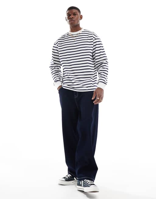 ONLY & SONS – Locker geschnittenes Langarmshirt mit weißen und blauen Streifen 