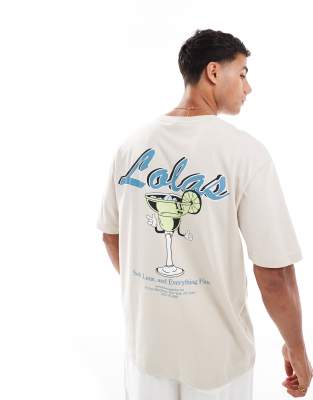SONS - Locker geschnittenes T-Shirt in Beige mit „Lolas Marg"-Rückenprint-Weiß Weiß XS