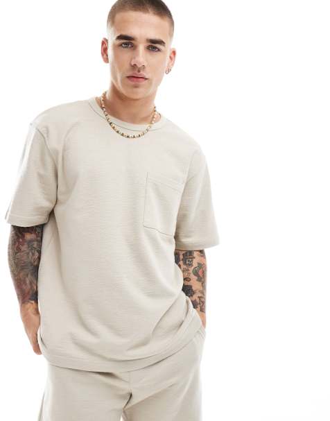 ONLY & SONS – Locker geschnittenes T-Shirt in Beige mit Struktur, Kombiteil - view 1