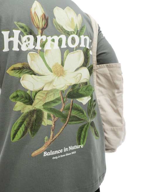 ONLY & SONS – Locker geschnittenes T-Shirt in Graugrün mit „Harmony“-Print, 4 von 4