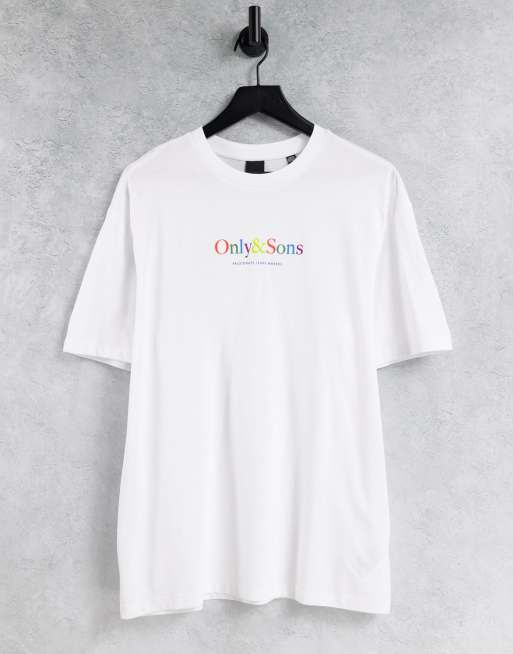 Only & Sons – Locker geschnittenes T-Shirt in Weiß mit buntem Logo