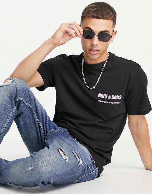 Only & Sons logo pocket tshirt in black ASOS