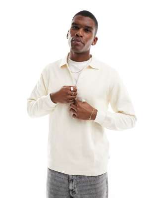 long sleeve 1/4 zip polo top in cream-White